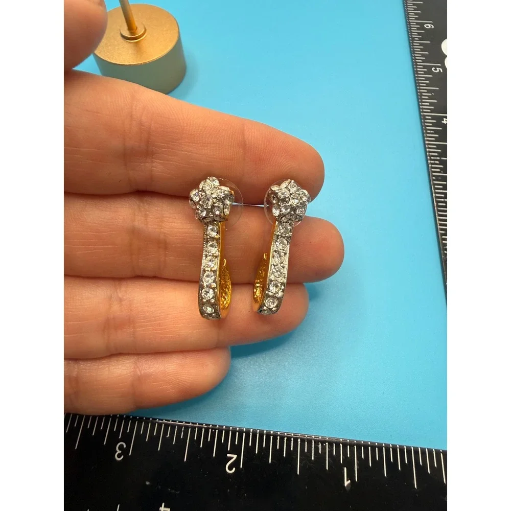 Gold‎ Tone Rhinestone J Hoop Curved Statement Earrings Clear Crystal Post Back